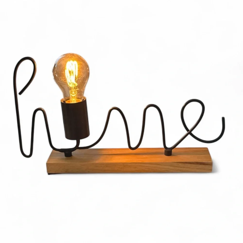 Mercantile Market Home Wireworks Gray Script Accent Lamp on Wood Base